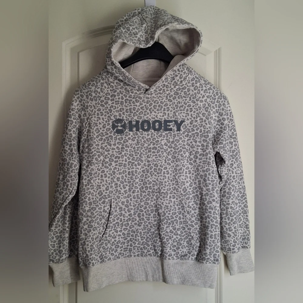 Hooey Girl's Snow Leopard Heather Grey Hooded Sweatshirt Sz L Western Rodeo Cowg